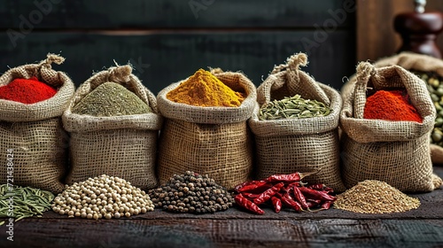 Set of spices in jute bags on wooden background. Created AI © Elena