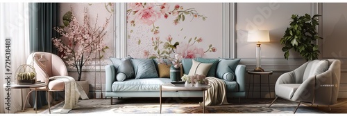 Floral living room interior with furniture and art on walls photo