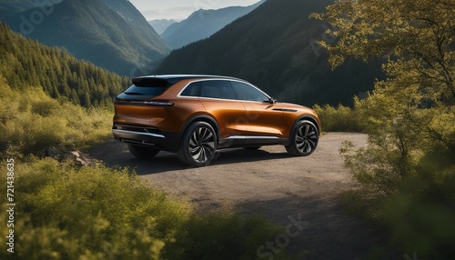Luxury Electric SUV, a premium electric SUV in a serene mountain setting, reflecting eco-friendly © vanAmsen