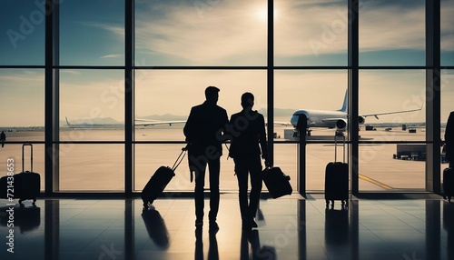 Silhouette of passengers waiting in front of the window at the airport and the airliner. 