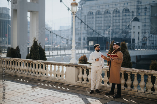Captured in a bustling urban environment, this image depicts two fashionable men deeply engaged in conversation, emphasizing connection and friendship.