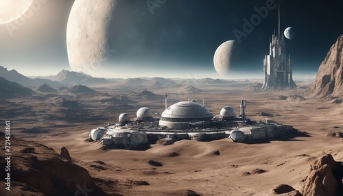Moon Colony Vista, a futuristic view of a colony on the Moon, overlooking Earth in the distance,