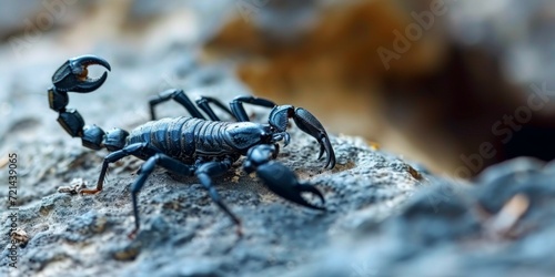 Scorpion on the ground, close-up of black scorpion.