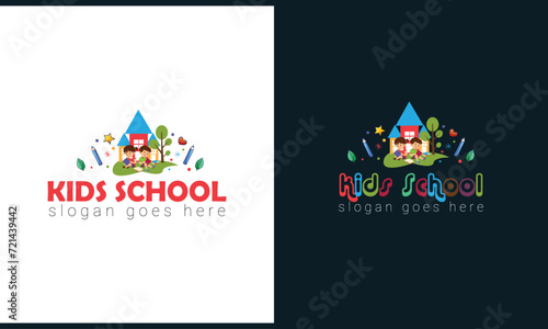 Preschool, kindergarten logo icon design template. Children school vector illustration. Kids school Logo Design