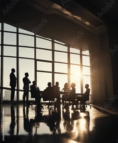 silhouette of senior executives meeting at the table in front of the window 