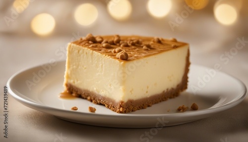  Rich Cheesecake Bliss, a classic cheesecake with a graham cracker crust, the creamy texture and gold photo
