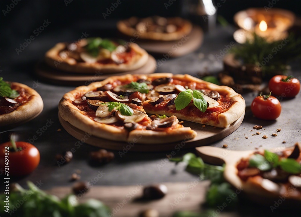 slice of vegetarian pizza with mushrooms, dark background, dim lights 
