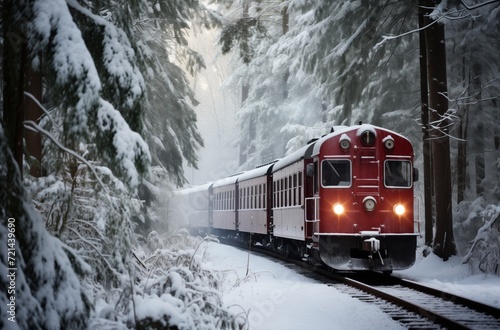 Red Train Travels Through Snow Covered Forest