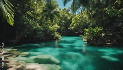 Secluded Lagoon Escape, a secluded lagoon with crystal-clear waters surrounded by tropical foliage