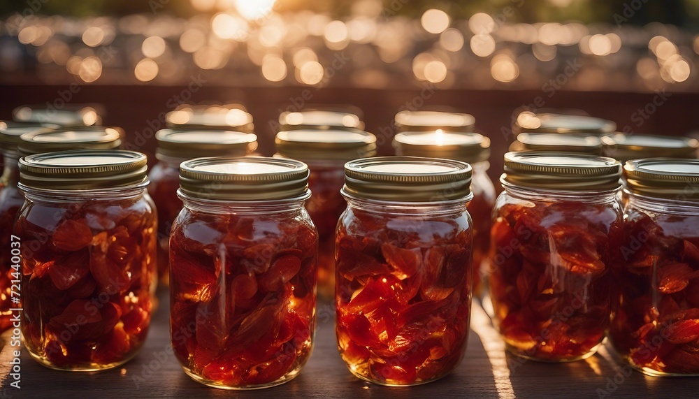 Sun-Dried Tomato Jars, rows of sun-dried tomatoes preserved in olive oil, the setting sun casting Sun-Dried Tomato Jars, rows of sun-dried tomatoes preserved in olive oil, the setting sun casting