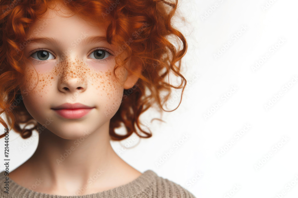 Fototapeta premium portrait Small ginger red curly hair girl with freckles isolated on solid white background. ai generative