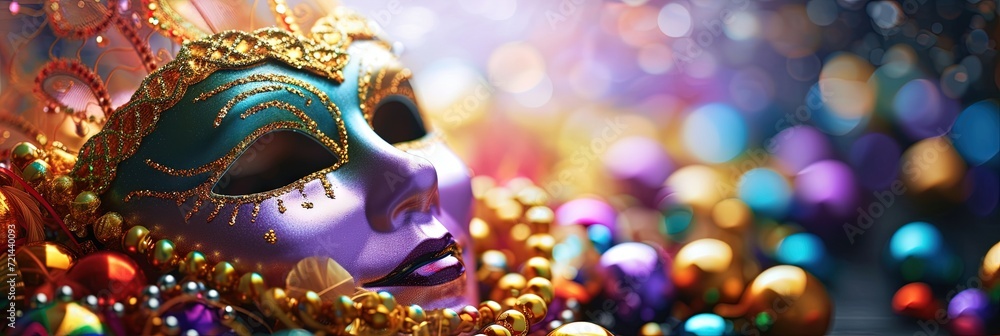Mardi Gras mask and beads in traditional purple, green, gold