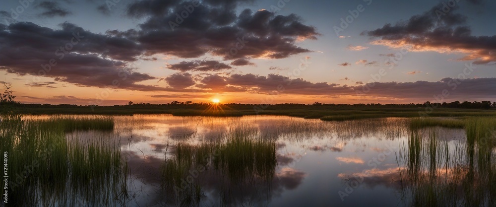 Sunset over Wetlands, a stunning sunset reflecting on the waters of a tranquil wetland