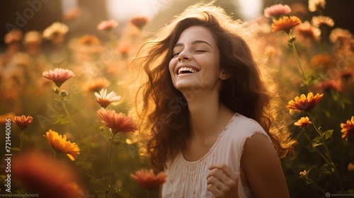 A positive and radiant woman laughing heartily amidst a field of blooming flowers, capturing the essence of joy and happiness