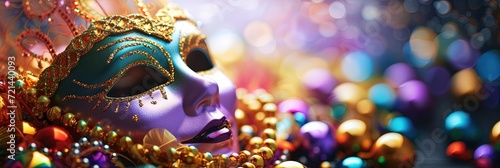 Mardi Gras mask and beads in traditional purple, green, gold © Brian