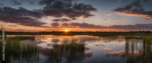 Sunset over Wetlands  a stunning sunset reflecting on the waters of a tranquil wetland