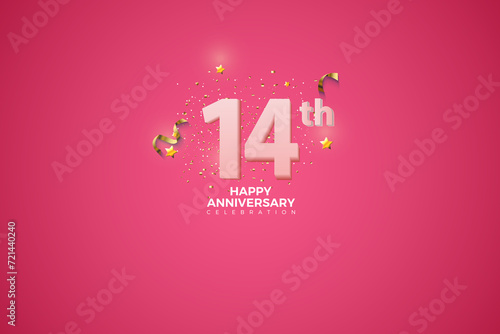 14th, 14th Anniversary celebration, 14 Anniversary celebration in Pink BG, stars, glitters and ribbons, festive illustration, white number 14 sparkling confetti, 14,15 photo