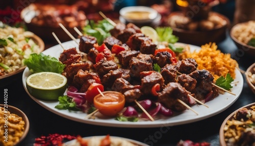 Turkish Kebab Feast, a plate of savory Turkish kebabs with sides, set against a vibrant