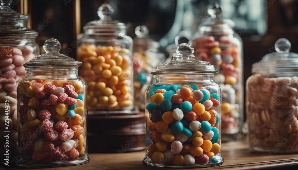 Vintage Candy Jar Collection, an array of old-fashioned candy jars filled with classic sweets