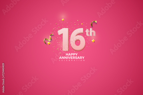 16th, 16th Anniversary celebration, 16 Anniversary celebration in Pink BG, stars, glitters and ribbons, festive illustration, white number 16 sparkling confetti, 16,17 photo