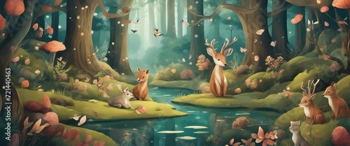 Whimsical Forest Illustration, an enchanting wallpaper with illustrated forest animals and trees photo