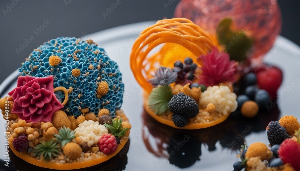 3D-Printed Edible Art, a creatively 3D-printed dish, combining unique shapes and colors for a modern
