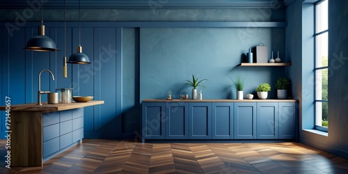 Mockup Dark Blue wall in kitchen and minimalist interior design. Open space kitchen concept. 3d rendering