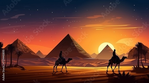 Camels are used by bedouins to travel to the egyptian pyramids in the desert at night.