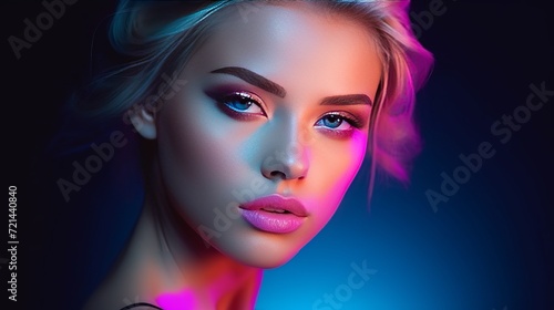 Close-up copyspace depicts a beautiful caucasian woman with trendy makeup and well-kept skin in a vivid style of beauty concept. © Elchin Abilov