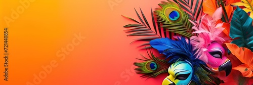 Colorful leaves, petals, and feathers - vibrant abstract banner with copy space