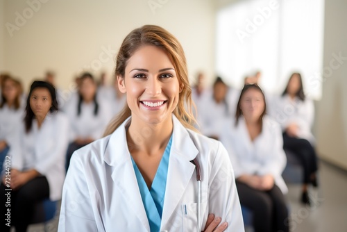 An authentic portrayal of a female doctor or nurse, confidently smiling and standing in the front row of a medical training class or seminar room, offering ample copy space in the background