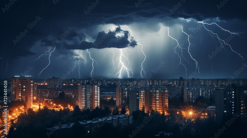 During the night, the city buildings are illuminated with lightning in the dark sky