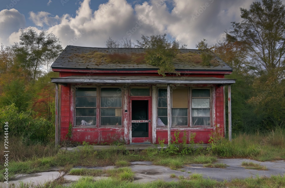 A Decayed Red Building With a Green Roof in Neglected State