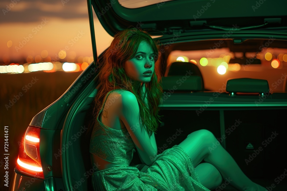 kidnapped woman after party in beautiful dress girl lying in the car, security concept, Scare at