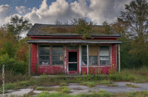 A Decayed Red Building With a Green Roof in Neglected State © Victoria