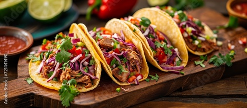 Mouth-Watering Mexican Tacos on a Rustic Wood Board: A Fiery Feast of Authentic Mexican Tacos Served on a Charming Wooden Board