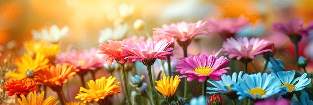 Colorful daisy flowers on panoramic banner