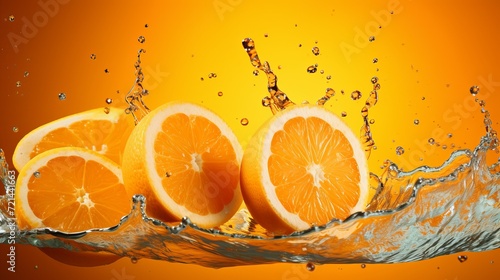 Freshly sliced oranges and orange fruit are splashed with water on an orange background.