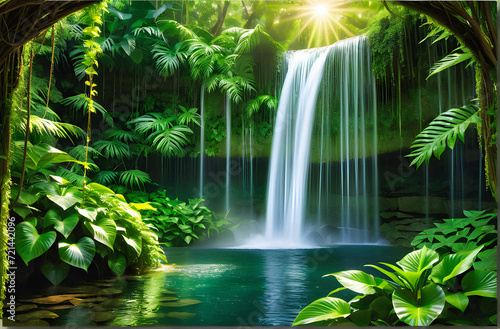 Paradise Waterfall Serenity  Breathtaking Oasis Amidst Verdant Greenery. generative AI