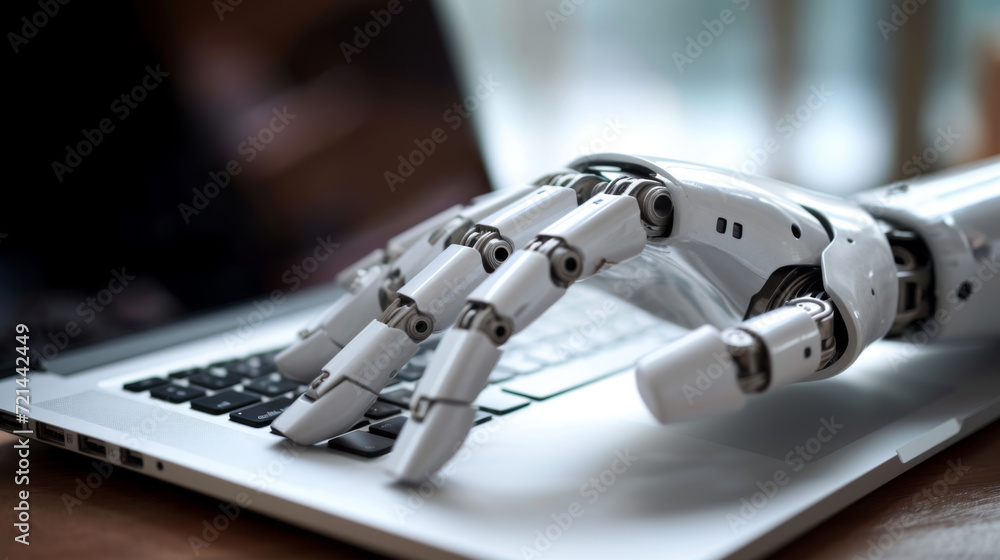 robotic arm is positioned over a laptop keyboard robotic arm is positioned over a laptop keyboard