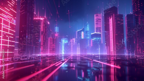 Futuristic cityscape with glowing neon lines and floating geometric shapes