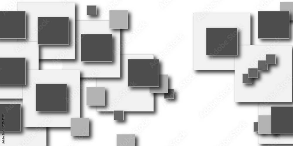 White geometric background with flying squares wave Shape or flow in hard light with contrast gradient dark shadows as border, copy space, top view. Simple abstract background in minimal style. White geometric background with flying squares wave Shape or flow in hard light with contrast gradient dark shadows as border, copy space, top view. Simple abstract background in minimal style.