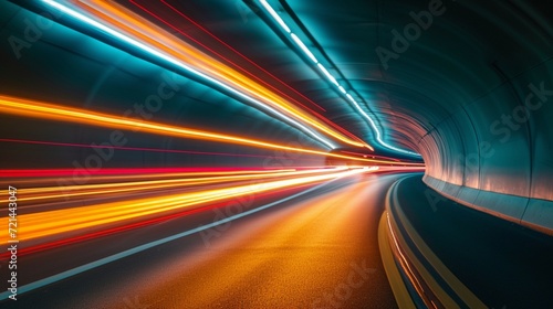 High-speed light trails bending through a tunnel of darkness