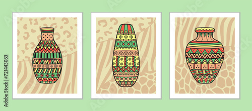 Ceramic vases, clay pots with geometric ornaments on a brown-beige background of mottled animal texture. Colorful African inspired jugs. Vector set of illustrations for home decor and wall decoration
