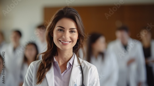 Capturing the essence of confidence and professionalism, a female doctor or nurse stands in the front row of a medical training class or seminar room, smiling cheerfully, with ample copy space