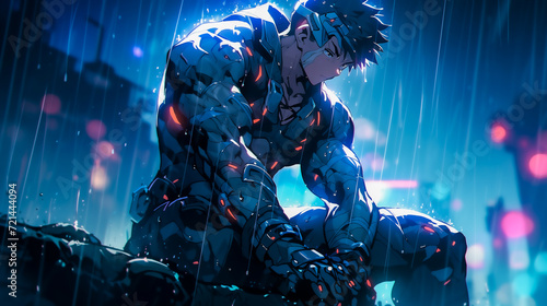 Tired Cyberpunk soldier, sitting in the rain in dark urban surroundings.