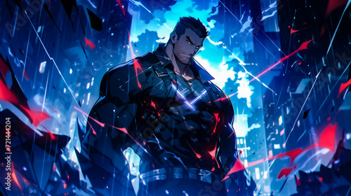 Cyberpunk warrior, illuminated by blue lightning in dark urban surroundings. photo