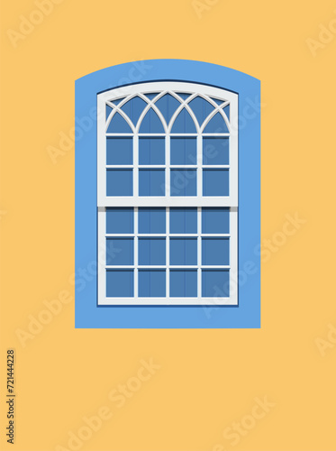 Paraty, Brazil. Blue and white colored window of an yellow house from the colonial period in the historic center. EPS vector realistic illustration.