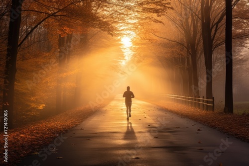 Person Running Down a Sunlit Road With Trees