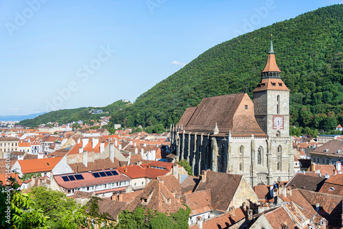 Aerial view with The black church (Biserica Neagra) located in the center of Brasov. Famous tourist attraction. photo